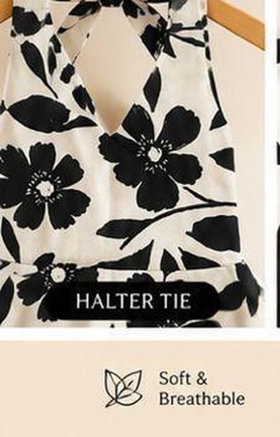 Black and white floral halter dress shoulder tie detail