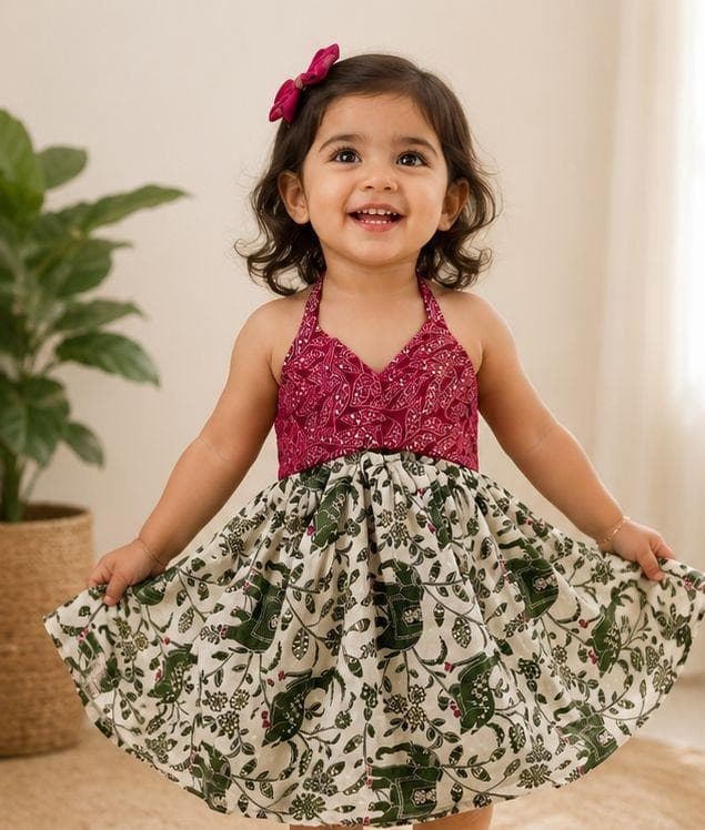 Magenta bandhani green botanical dress front view