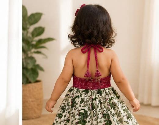 Magenta bandhani green botanical dress back view