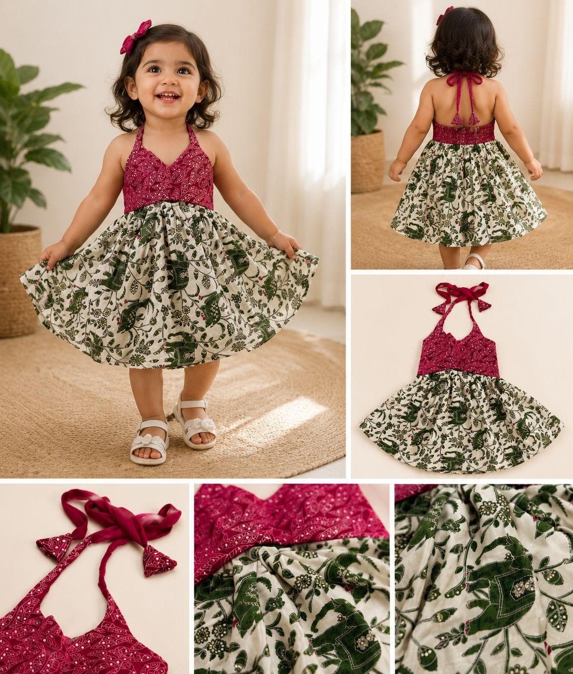Magenta bandhani green botanical dress collage