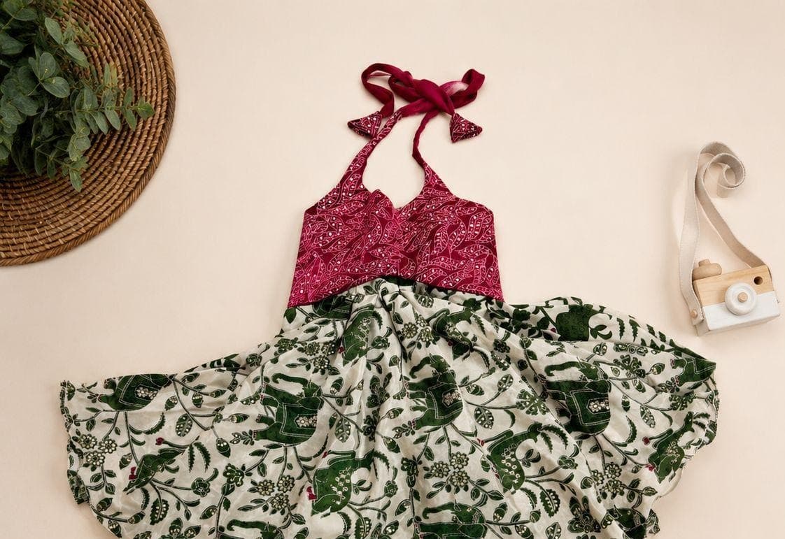 Magenta bandhani green botanical dress alternate flat-lay
