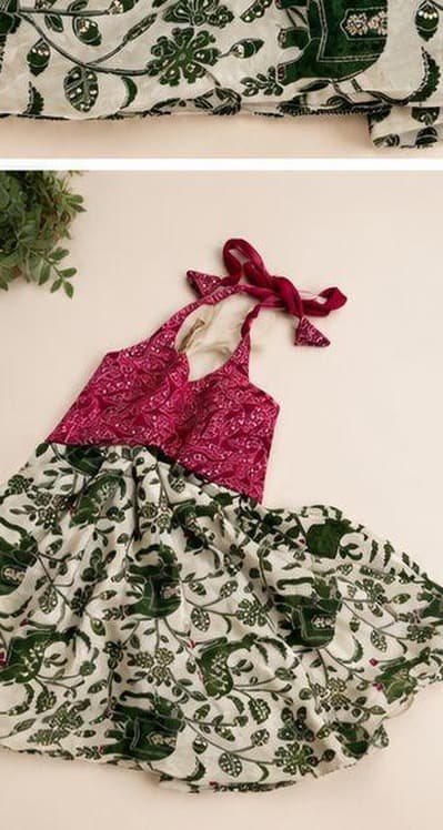 Magenta bandhani green botanical dress alternate angled view