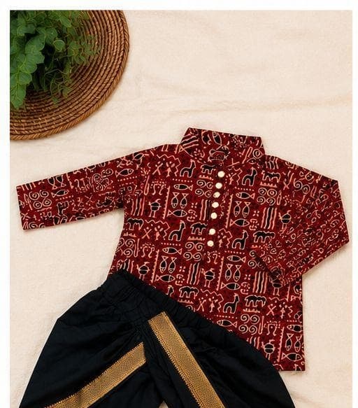 Maroon tribal kurta dhoti set flat-lay