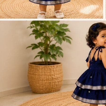 Navy blue tiered tassel dress back view