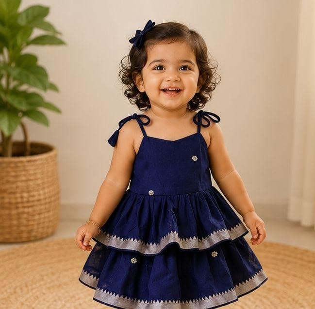Navy blue tiered tassel dress alternate front view
