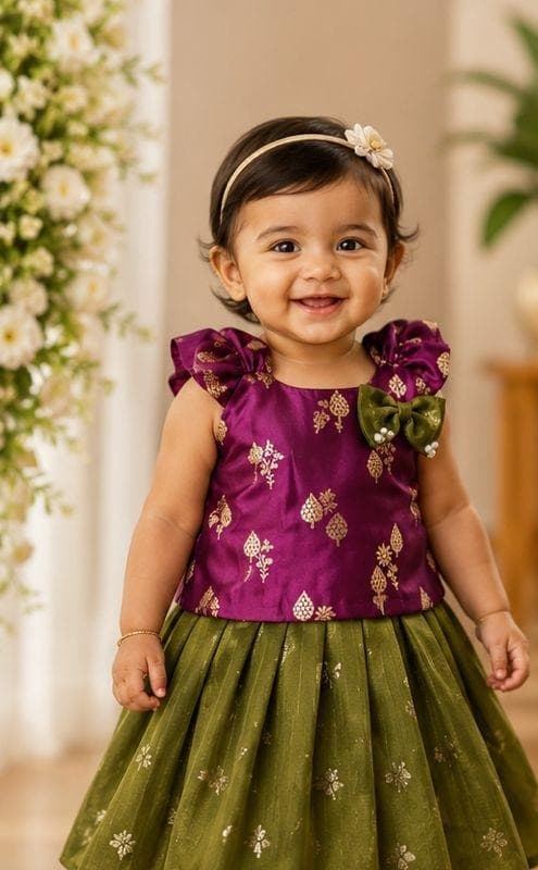 Purple brocade olive skirt set front view