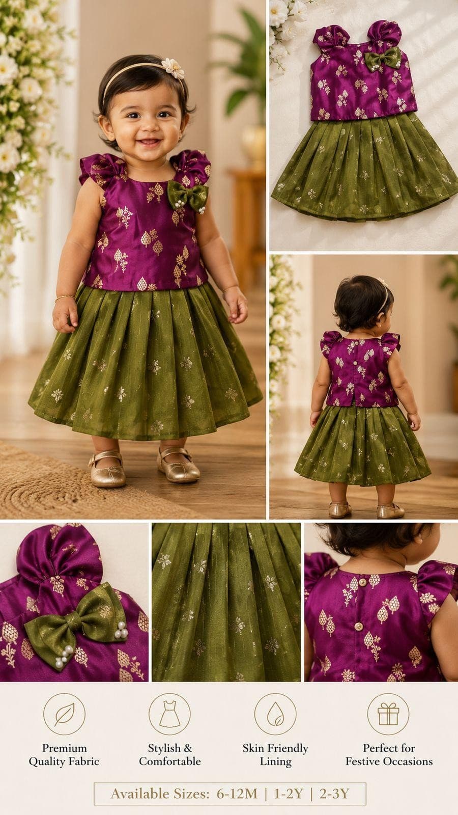 Purple brocade olive skirt set collage