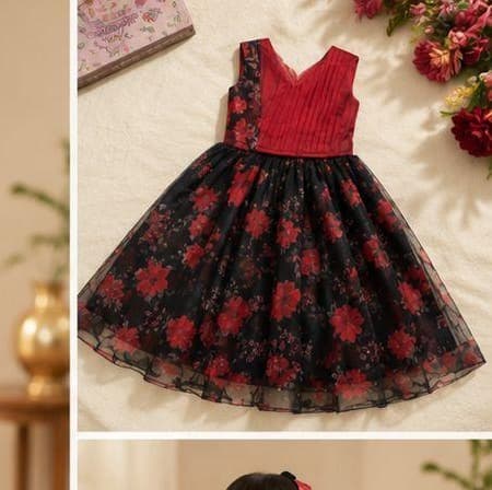 Red black floral organza dress flat-lay