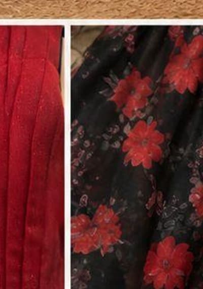 Red black floral organza dress pleated bodice detail