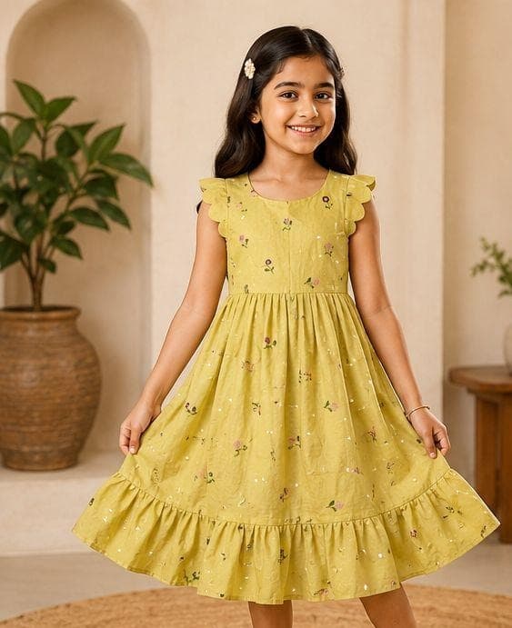 Yellow floral ruffle dress front view