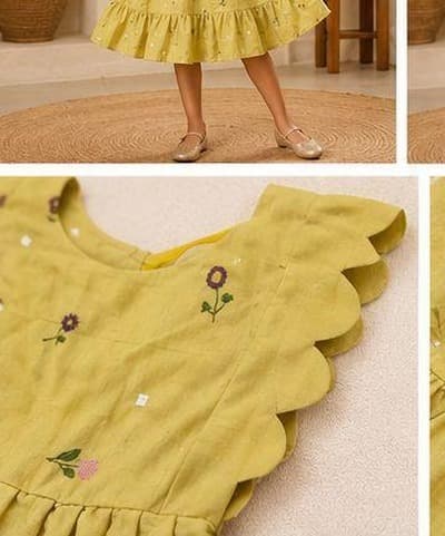 Yellow floral ruffle dress floral embroidery detail