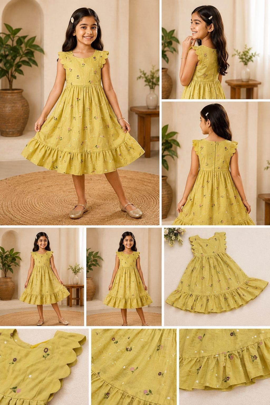 Yellow floral ruffle dress collage