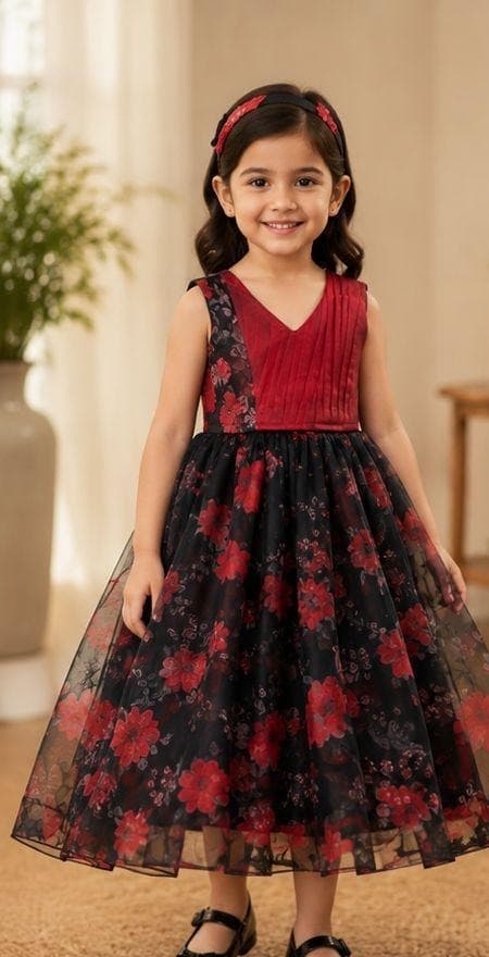 Red black floral organza dress front view